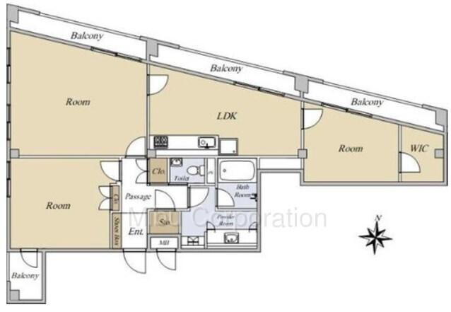 ハイ・トリオ赤坂八丁目　最上階　角部屋 3LDK+2S、価格1億4980万円、専有面積115.36m<sup>2</sup>、バルコニー面積44.6m<sup>2</sup> 