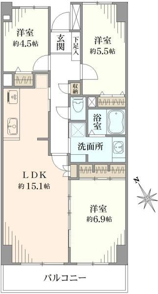 カルム赤羽 3LDK、価格6790万円、専有面積73.46m<sup>2</sup>、バルコニー面積8.45m<sup>2</sup> 間取り図