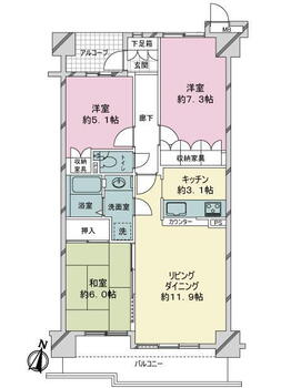 サーパス中山 3LDK、価格1750万円、専有面積71.09m<sup>2</sup>、バルコニー面積9.96m<sup>2</sup> 