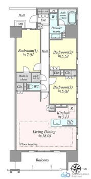 レーベン富山西町　ＲＥＳＯＮＡＣＩＡ 3LDK+S（納戸）、価格4700万円、専有面積88.06m<sup>2</sup>、バルコニー面積10.17m<sup>2</sup> 約18.0帖のリビングダイニングには、冬も足元からポカポカな床暖房がついています。各居室は約5帖以上で整った形をしておりますので、お子様が成長した後も使いやすい…