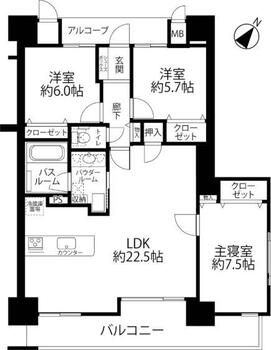 プレミア東金沢駅前 3LDK、価格3600万円、専有面積90.88m<sup>2</sup>、バルコニー面積15.47m<sup>2</sup> 約90平米の広々とした間取り。各居室収納付きです。