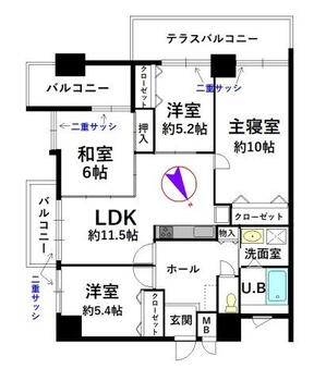 信開クレベール富山 4LDK、価格1898万円、専有面積87.63m<sup>2</sup>、バルコニー面積22.73m<sup>2</sup> 間取り図