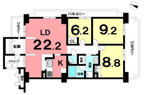 スペクトル大高 3LDK、価格2698万円、専有面積98.76m<sup>2</sup>、バルコニー面積26.1m<sup>2</sup> 間取り図です。図面と現況の相違は現況優先といたします。