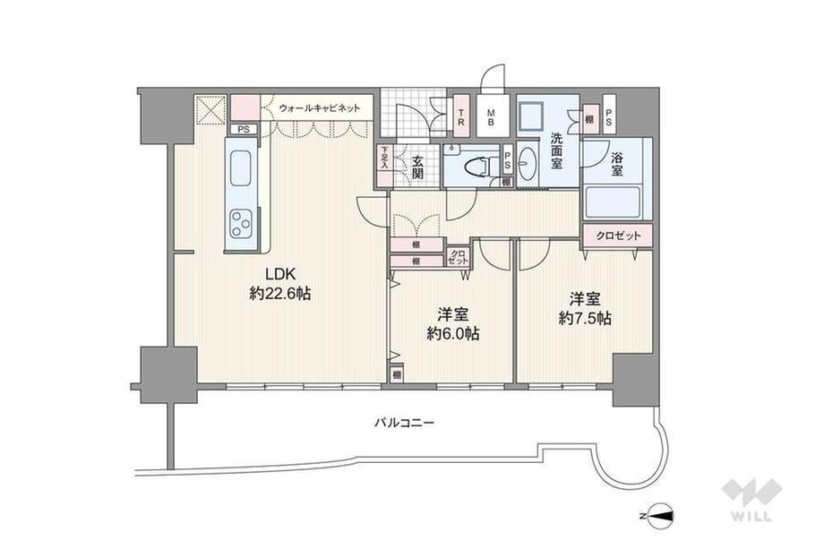 ハートヒルズ久屋大通 2LDK、価格3799万円、専有面積82.23m<sup>2</sup>、バルコニー面積22.35m<sup>2</sup> 間取りは専有面積82.23平米の2LDK。全居室がバルコニーに面した開放感のあるプラン。居室はすべて洋室仕様で、6帖以上の広さがあります。玄関前にトランクルーム付き。バルコ…