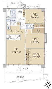 シャトー野並 3LDK、価格1730万円、専有面積69.53m<sup>2</sup>、バルコニー面積11.34m<sup>2</sup> 