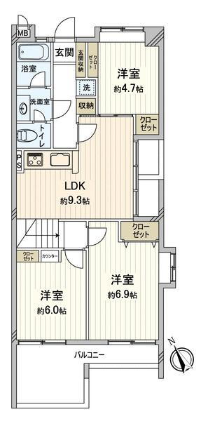 日和住宅 3LDK、価格1199万円、専有面積67m<sup>2</sup>、バルコニー面積7m<sup>2</sup> 間取り