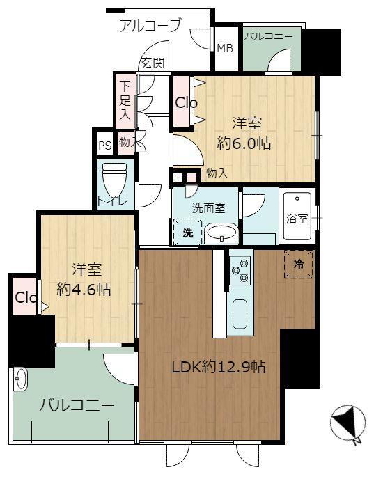 プレサンスロジェ鶴舞駅前 2LDK、価格3298万円、専有面積54.45m<sup>2</sup>、バルコニー面積8.88m<sup>2</sup> LDK12.9帖・隣の洋間と連続させると広く使えます。北側の開口部は開放感抜群です。