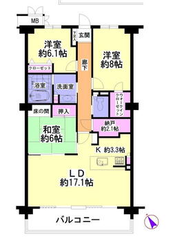 キャッスルハイツ松阪殿町 3LDK、価格2300万円、専有面積96.75m<sup>2</sup>、バルコニー面積13.5m<sup>2</sup> 