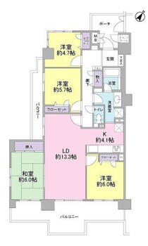 ファミールガーデン草薙　６０１号室 4LDK、価格2200万円、専有面積91.19m<sup>2</sup>、バルコニー面積24.18m<sup>2</sup> 