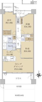 ローレルコート徳川 3LDK、価格3590万円、専有面積82.05m<sup>2</sup>、バルコニー面積4.23m<sup>2</sup> 