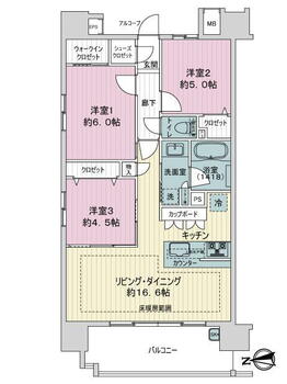 プレサンスロジェ庄内通 3LDK、価格3800万円、専有面積69.92m<sup>2</sup>、バルコニー面積10.11m<sup>2</sup> 