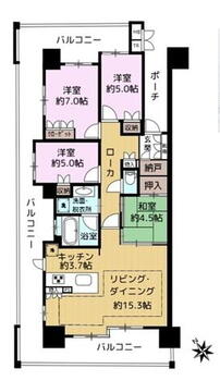 ゼルクタワー西尾 4LDK、価格2800万円、専有面積88.27m<sup>2</sup>、バルコニー面積42.34m<sup>2</sup> キッチン横に勝手口、浴室に窓。3面バルコニーならではの間取り。