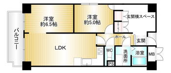 グランドメゾン四日市 2LDK、価格1580万円、専有面積68.57m<sup>2</sup>、バルコニー面積7.46m<sup>2</sup> 間取りは3LDK→2LDKに変更済みです。そのため玄関スペースが大変広いです。