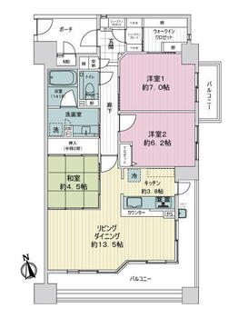 サーパスシティ三枚橋 3LDK、価格2980万円、専有面積84.5m<sup>2</sup>、バルコニー面積21.24m<sup>2</sup> 