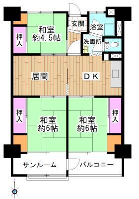 猪子石北住宅１棟 3DK、価格750万円、専有面積69.66m<sup>2</sup>、バルコニー面積8.94m<sup>2</sup> 