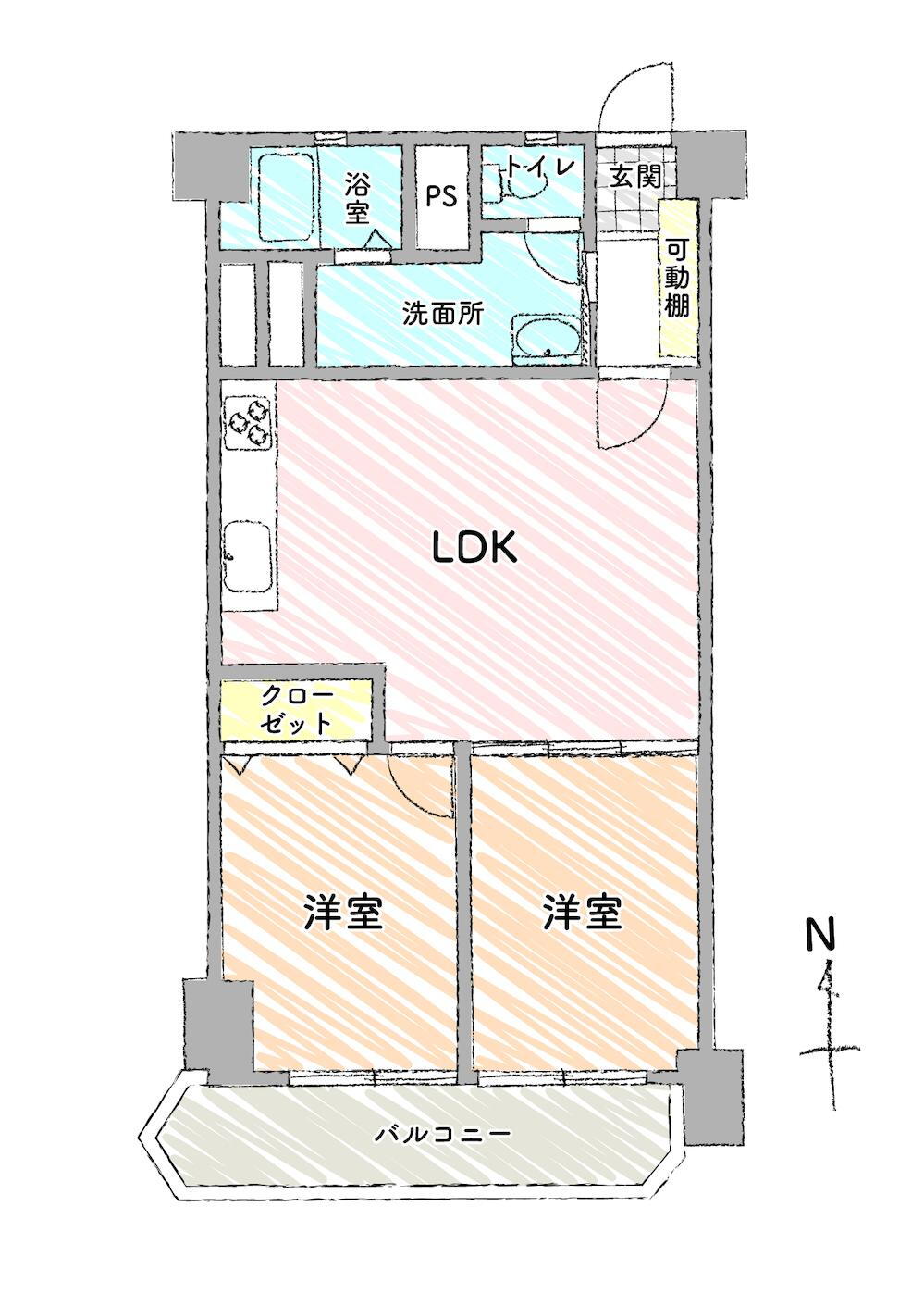 リノベーションマンション　今池アイリス 2LDK、価格1299万円、専有面積61.66m<sup>2</sup>、バルコニー面積7.59m<sup>2</sup> 和室を洋室に変更し、２LDKとして、また１LDKとしても使用できる間取りです。