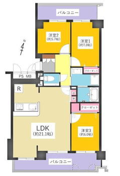 コープ野村新安城ウエスト弐番館 3LDK、価格2399万円、専有面積87.14m<sup>2</sup>、バルコニー面積21.78m<sup>2</sup> 間取り