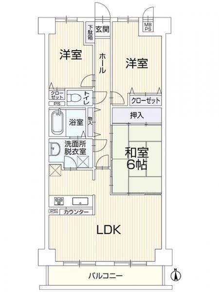 ダイアパレス沼津 3LDK、価格1599万円、専有面積75.6m<sup>2</sup>、バルコニー面積7.8m<sup>2</sup> 間取図