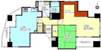 ラウムズ亀島 2LDK、価格1980万円、専有面積64.69m<sup>2</sup>、バルコニー面積12.85m<sup>2</sup> ４階南西角部屋につき日当たり・通風良好です！