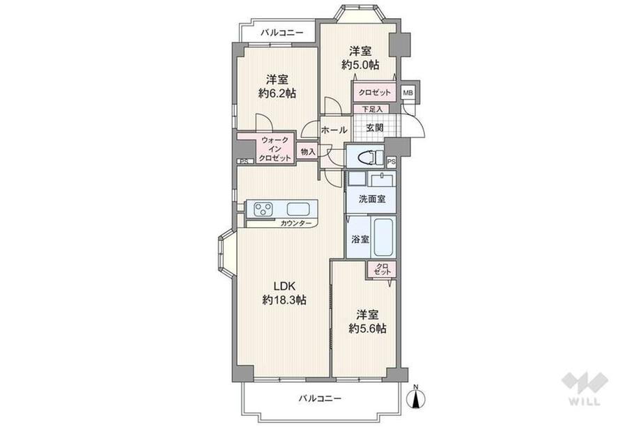 イトーピア桜山マンション 3LDK、価格3190万円、専有面積75.86m<sup>2</sup>、バルコニー面積9.12m<sup>2</sup> 間取りは専有面積75.86平米の3LDK。両面バルコニーで全室が共用廊下に面さず独立性の高いプラン。LDKは約18.3帖とゆとりがあり、隣接する洋室と繋げて使用することもでき…