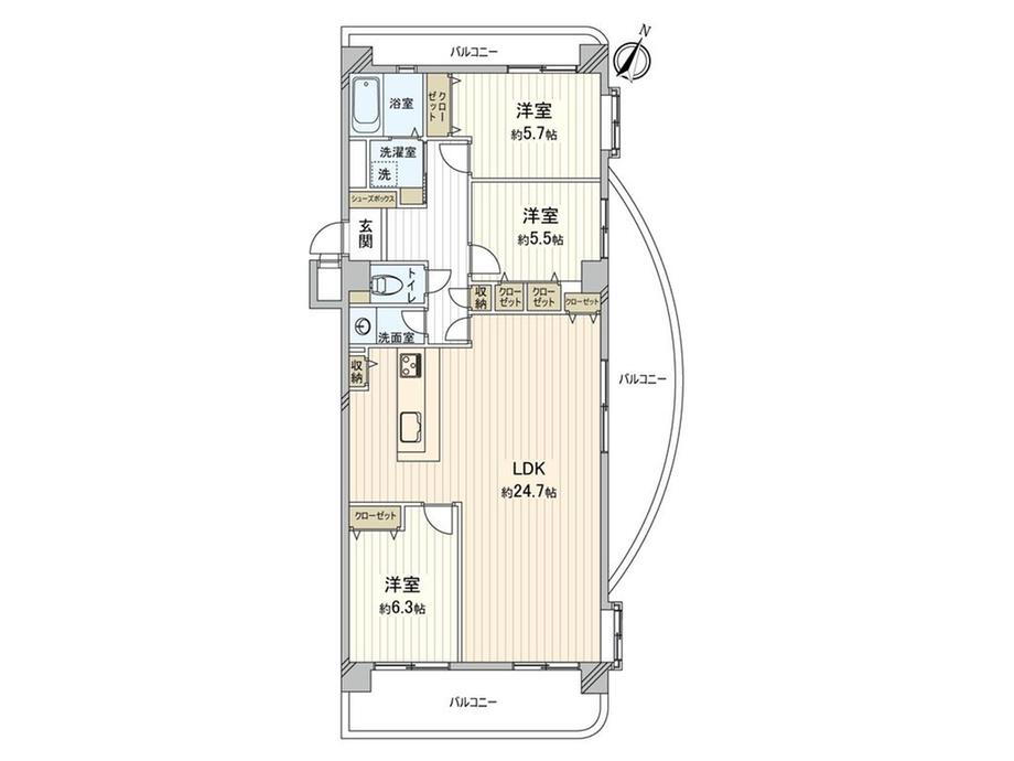 シャトレー祥南 3LDK、価格2180万円、専有面積83.76m<sup>2</sup>、バルコニー面積25.89m<sup>2</sup> 間取図