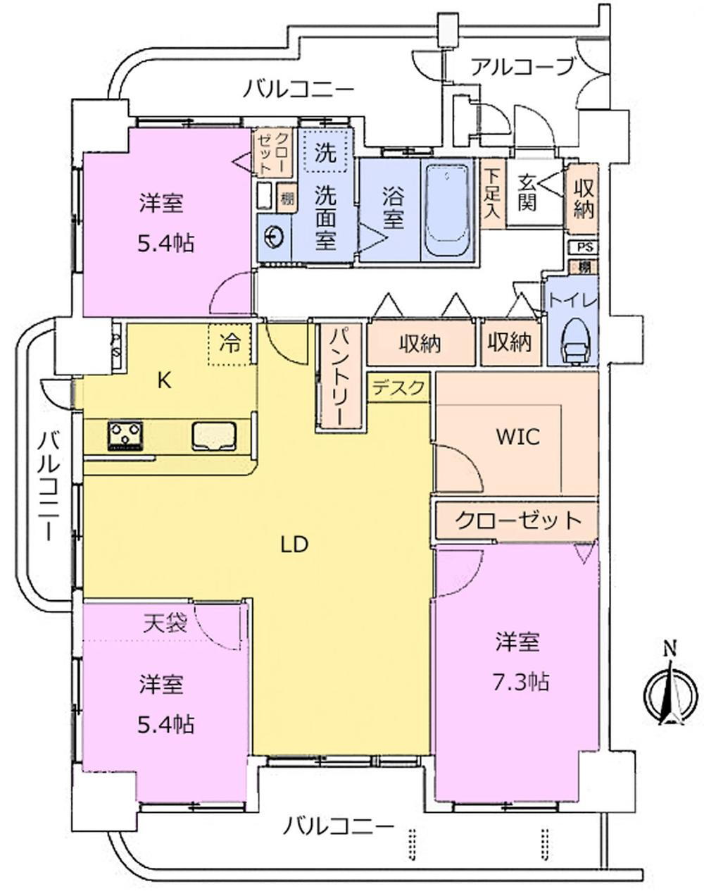 ガーデンヒルズ北野壱番館 3LDK、価格2550万円、専有面積86.61m<sup>2</sup>、バルコニー面積23.09m<sup>2</sup> 