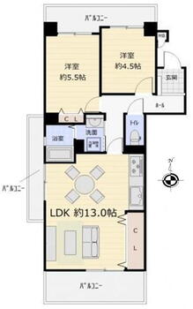 新瑞橋アイリス 2LDK、価格1330万円、専有面積54.94m<sup>2</sup>、バルコニー面積15.04m<sup>2</sup> 