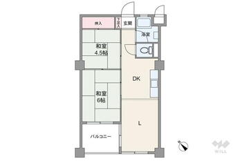 松風園ハウス 2LDK、価格300万円、専有面積44.64m<sup>2</sup>、バルコニー面積5.57m<sup>2</sup> 間取りは専有面積44.64平米の2LDK。廊下が短く、居住スペースが優先されたプラン。LDKと和室2部屋がすべて続き間で、生活シーンに合わせてフレキシブルに利用な可能な造りです。