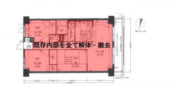 エンゼルハイム下河原 3LDK、価格479万円、専有面積63.5m<sup>2</sup> 【区画図】従前の３LDKはその跡形も無く解体されました。只今スケルトン状態での販売中。買主様ご希望プランに合わせて弊社カチタスで築造工事を請け負うも良し、買主様お知り合いの建設会社に依頼されるも良し