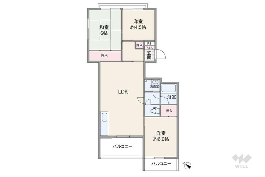 四観音住宅 3LDK、価格890万円、専有面積62.77m<sup>2</sup>、バルコニー面積7.38m<sup>2</sup> 間取りは専有面積62.77平米の3LDK。室内廊下が短く居住スペースを広く確保したプラン。居室の扉には引き戸を採用した、デッドスペースが出来にくい造りです。