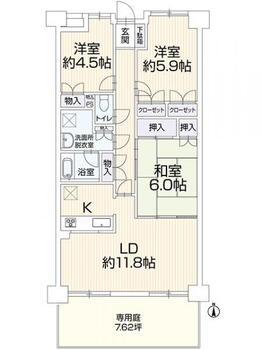 ザ・リージエントコート相生　１０４ 3LDK、価格1299万円、専有面積72.35m<sup>2</sup> 間取り