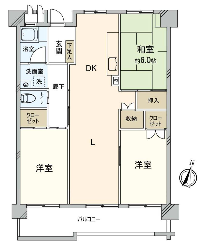 島田橋住宅　３号棟 3DK、価格1280万円、専有面積72.93m<sup>2</sup>、バルコニー面積12m<sup>2</sup> 間取図