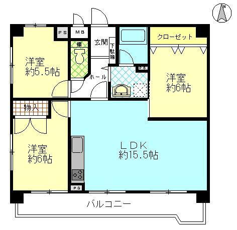 真栄マンション当知７０１号室 3LDK、価格1320万円、専有面積67.94m<sup>2</sup>、バルコニー面積10.95m<sup>2</sup> 