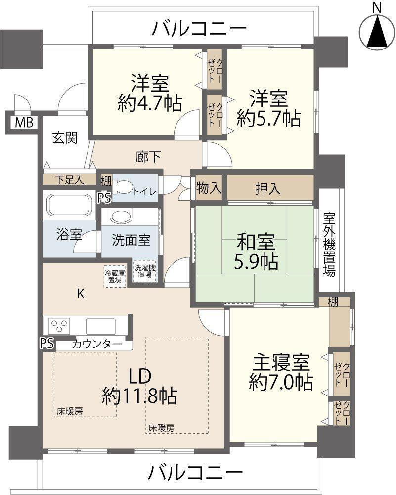 センシア豊田梅坪駅 4LDK、価格2680万円、専有面積87.06m<sup>2</sup>、バルコニー面積15.45m<sup>2</sup> 明るくにぎやかな家族にふさわしい、南向きのリビングルームです。