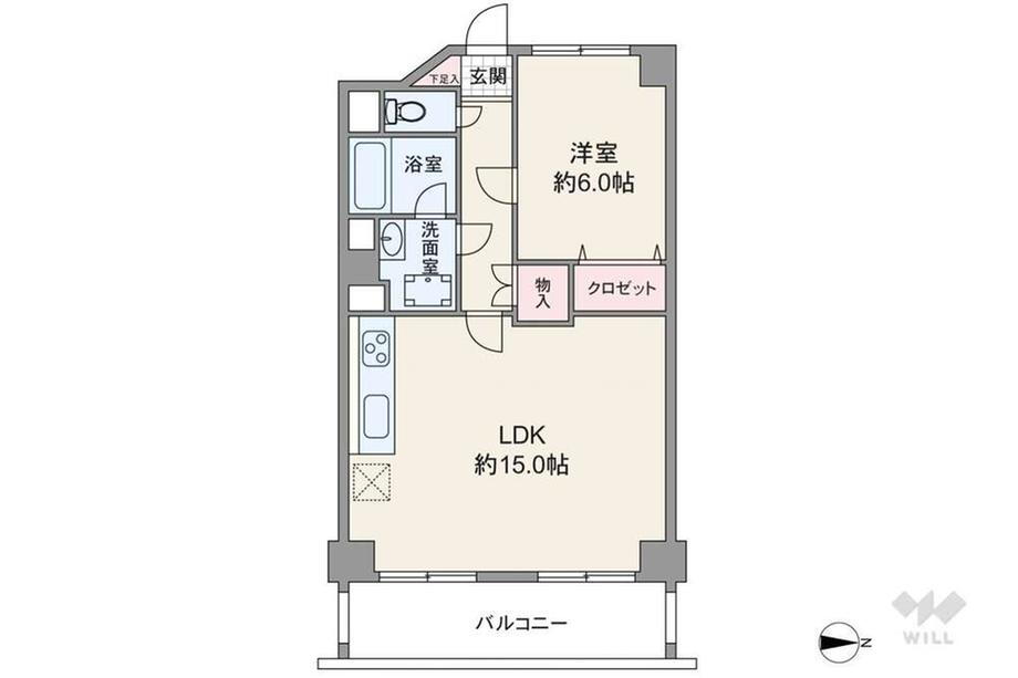 ライオンズマンション八興 1LDK、価格1080万円、専有面積58.28m<sup>2</sup>、バルコニー面積12.49m<sup>2</sup> 間取りは専有面積58.28平米の1LDK。全居室6帖以上でゆとりのあるプラン。廊下に物入れ付きです。