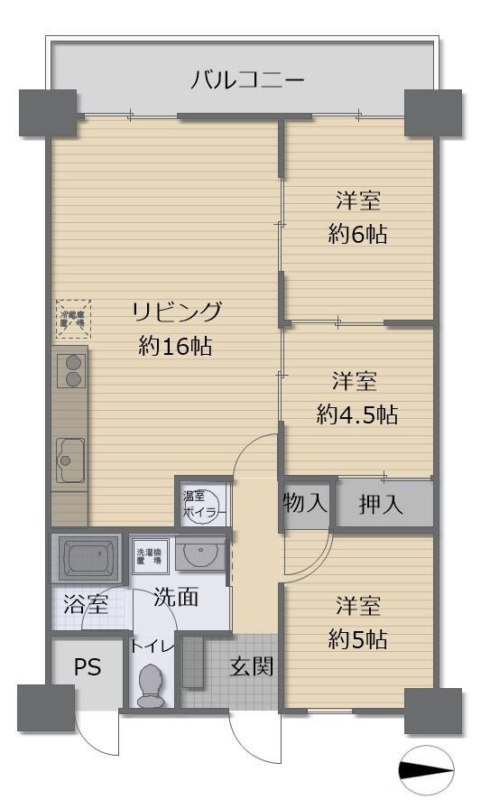 プライムハイツ新大阪三階部分 3LDK、価格1980万円、専有面積60.48m<sup>2</sup>、バルコニー面積8m<sup>2</sup> ３LDKの間取りで、リビングは１６帖御座います！