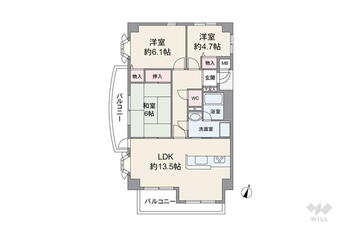 ライオンズマンション川西萩原 3LDK、価格880万円、専有面積72.72m<sup>2</sup>、バルコニー面積9.52m<sup>2</sup> 専有面積72.72平米の3LDK。プライベートスペースとパブリックスペースを分けて使いやすいセンターインのプラン。洗面室（洗濯機置場）はキッチン側からも直接出入りができ、家事動…