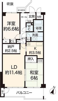 パーク・ハイム芦屋呉川町 2LDK+S、価格2250万円、専有面積68.65m<sup>2</sup>、バルコニー面積7.59m<sup>2</sup> 