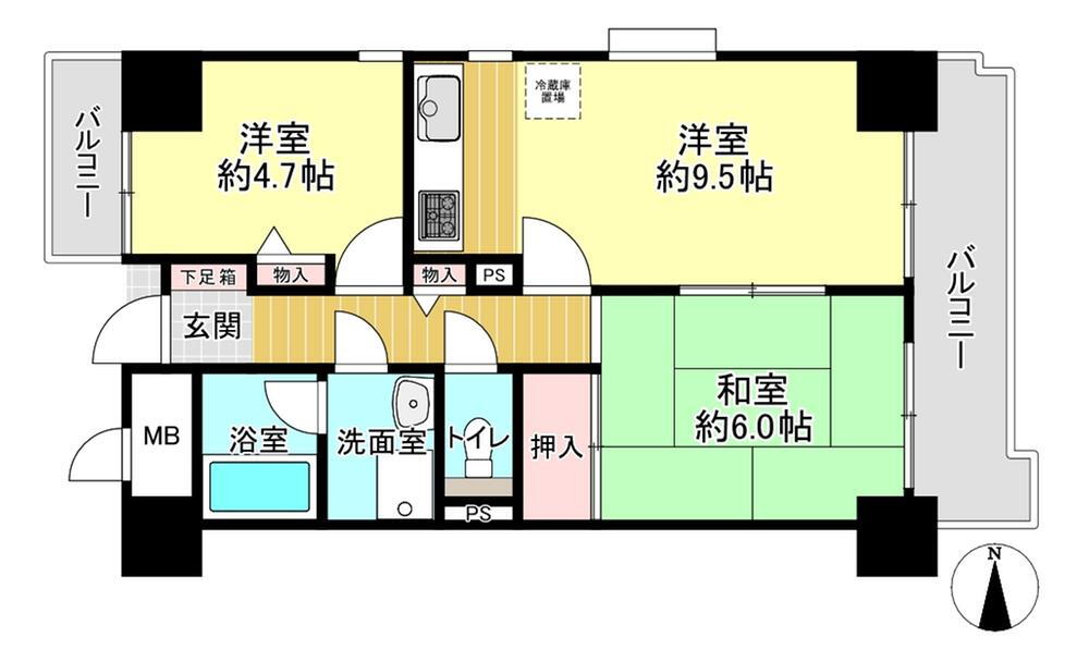 グラン・ドムール玉造Ⅱ 2DK、価格2680万円、専有面積49.07m<sup>2</sup>、バルコニー面積8.94m<sup>2</sup> 。和室と洋室が1部屋ずつ配置されています。DKは広さ約9.5帖。和室・洋室・廊下に収納スペース有。東西の両面に、バルコニーが設けられています。