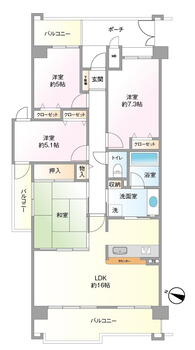 阪急日生ニュータウン花咲く丘の街 4LDK、価格1680万円、専有面積86.48m<sup>2</sup>、バルコニー面積17.1m<sup>2</sup> 専有面積：86.48m<sup>2</sup>の4LDK。三方角部屋で陽当たり、通風共に良好です。