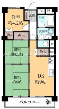 コスモハイツ守口 3DK、価格1280万円、専有面積56m<sup>2</sup>、バルコニー面積6.63m<sup>2</sup> 