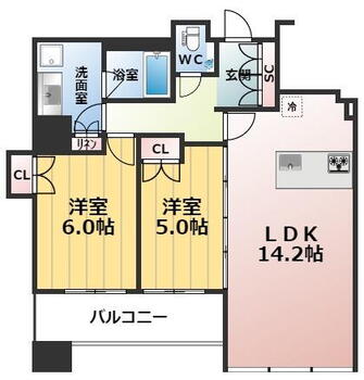 堂島ザレジデンスマークタワー 2LDK、価格9100万円、専有面積59.08m<sup>2</sup>、バルコニー面積9.19m<sup>2</sup> 