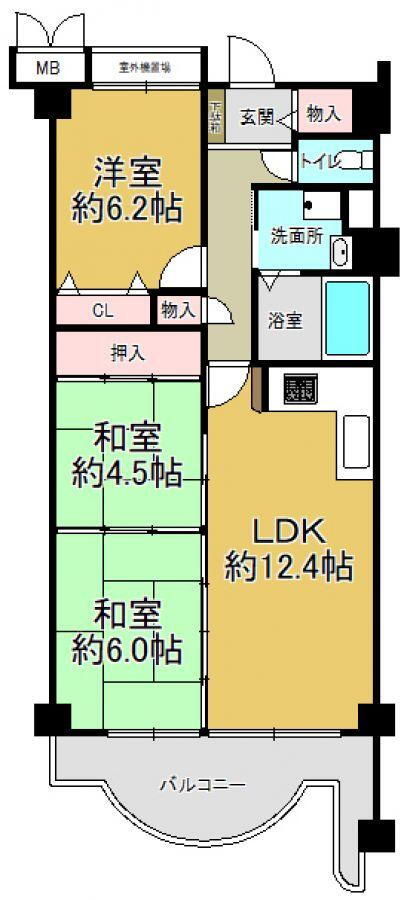シャンテ川西　３号棟 3LDK、価格2280万円、専有面積66.7m<sup>2</sup>、バルコニー面積11.03m<sup>2</sup> LDKは約12.4帖、L字型のキッチンが設置されています。LDKに和室2室が隣接。LDKを食事スペース、和室を寛ぎのスペースとして活用することもできそうです。玄関脇と廊下に物…