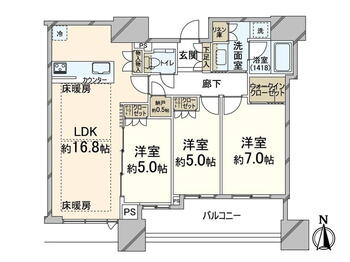 シティタワー大阪本町 3LDK、価格1億6000万円、専有面積75.67m<sup>2</sup>、バルコニー面積9.34m<sup>2</sup> 全居室が南側に面したワイドスパンの間取りです。リビングダイニングと一体利用できる洋室が隣接しており、ライフタイル・家族構成に合わせてご利用いただけます。