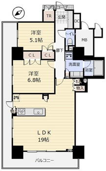 ローレルタワー尼崎 2LDK、価格5180万円、専有面積74.14m<sup>2</sup>、バルコニー面積22.09m<sup>2</sup> ◇北西角部屋×高層階の2LDKの間取り♪