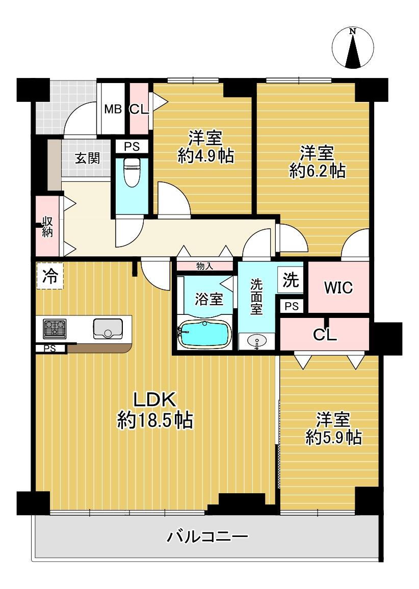 神戸ヒルズデイズＦ棟 3LDK、価格2190万円、専有面積83.04m<sup>2</sup>、バルコニー面積11.13m<sup>2</sup> 陽当り・通風良好な住まいです。各洋室には収納が設けられており、衣類や荷物もしまっていただけます。