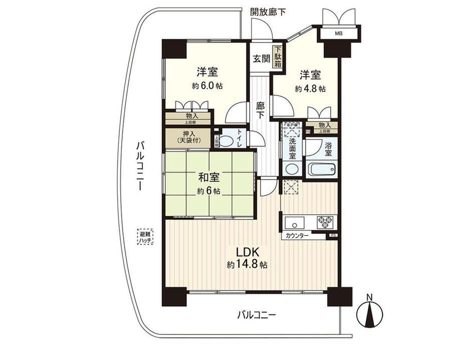 ディオ・フェルティ都島 3LDK、価格3280万円、専有面積67m<sup>2</sup>、バルコニー面積34.21m<sup>2</sup> 南・西・北の三方角部屋につき陽当り・通風・採光良好です。