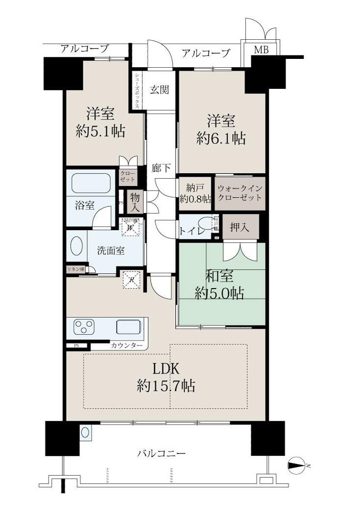 ローレルスクエア高の原プレミスト 3LDK+S（納戸）、価格5180万円、専有面積74.11m<sup>2</sup>、バルコニー面積12.94m<sup>2</sup> 