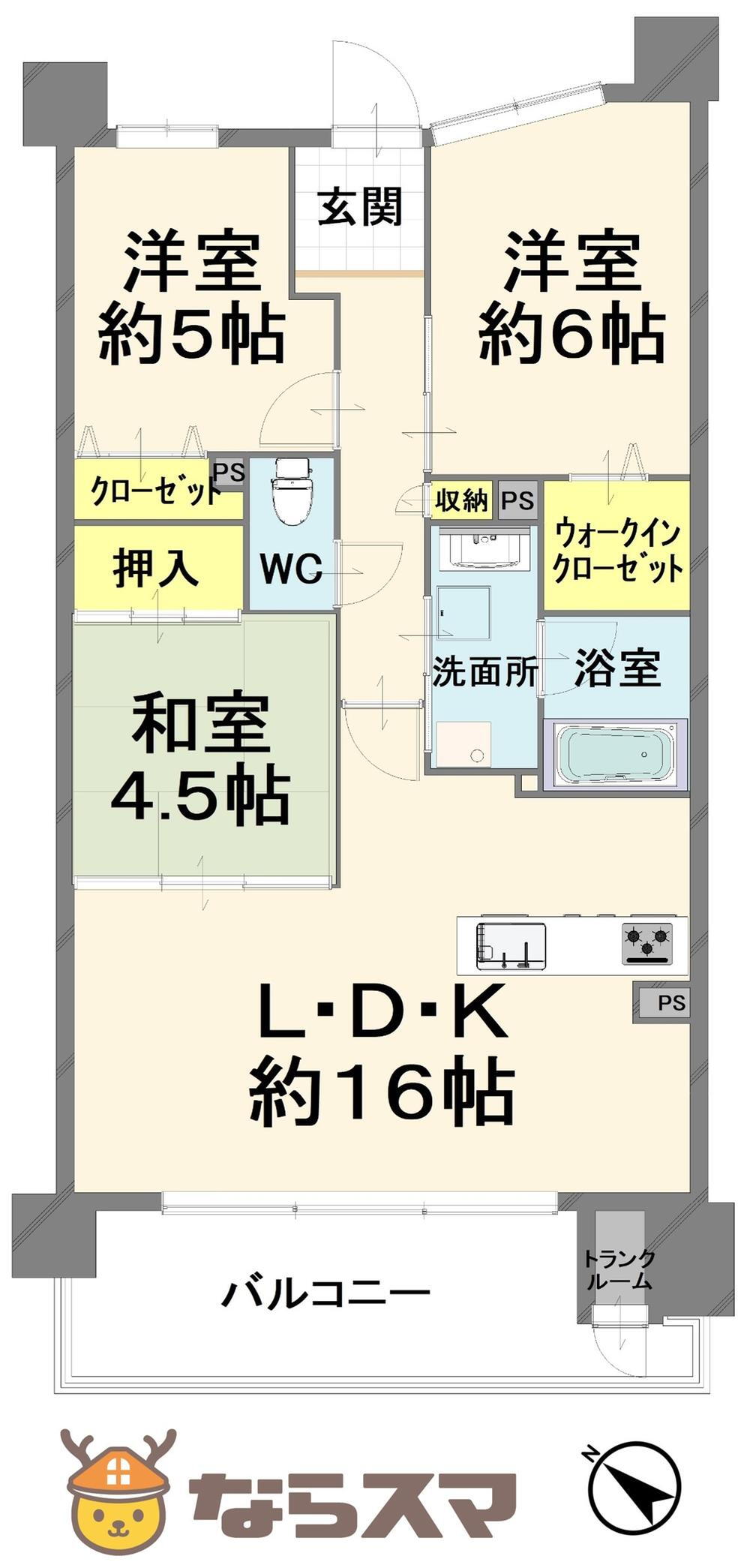 ピアッツァコート平城山 3LDK、価格2980万円、専有面積69.83m<sup>2</sup>、バルコニー面積11.63m<sup>2</sup> 「間取り図」■３ＬＤＫのファミリー向け間取り♪全居室収納付き！