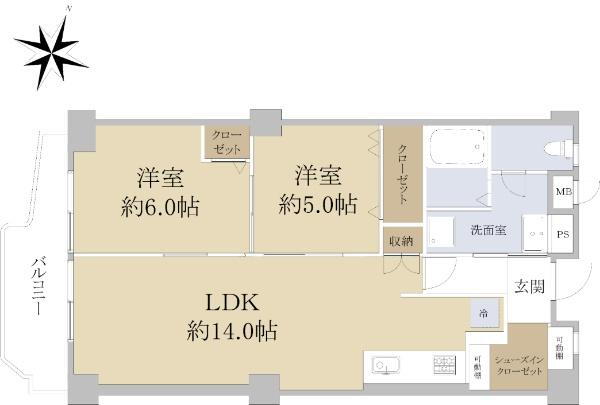 岡本センチュリーマンション 2LDK、価格1848万円、専有面積54.54m<sup>2</sup>、バルコニー面積6.1m<sup>2</sup> 